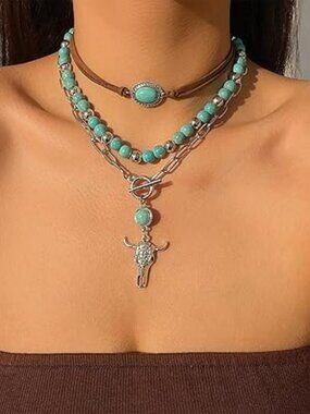 Boho Turquoise Necklace Boot Steer Jewelry Texas Western Silver Cowgirl